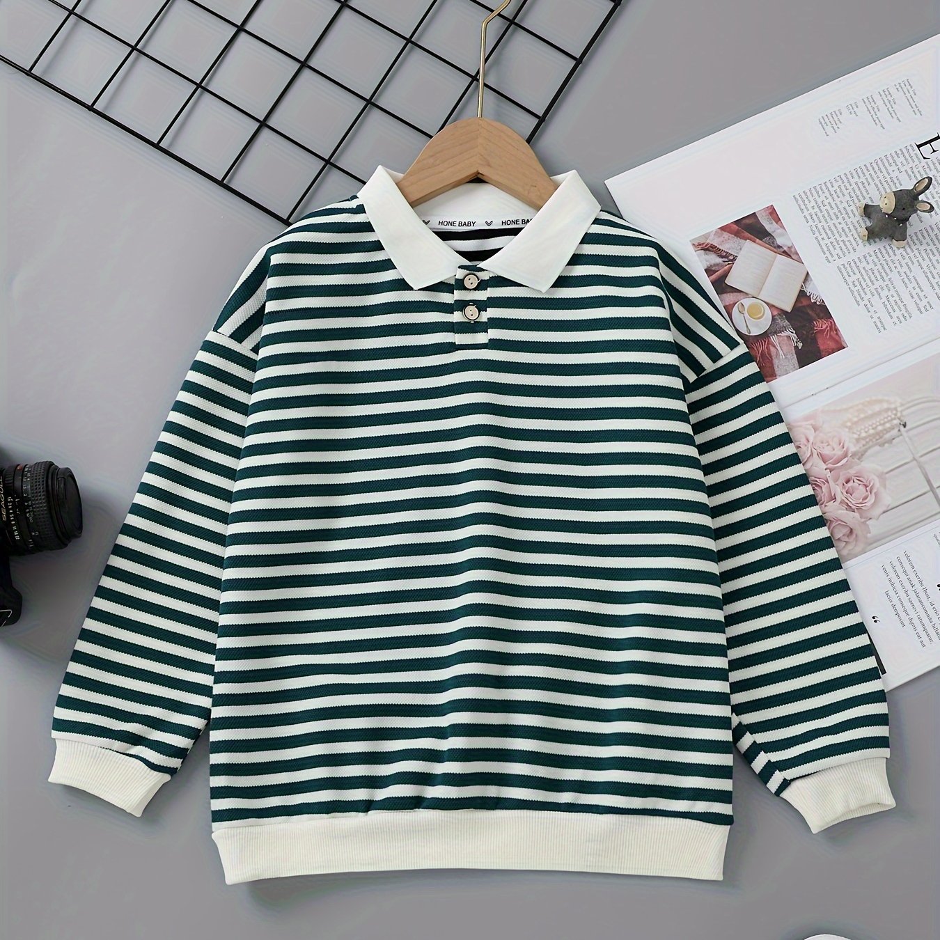 Striped lapel top keeps boys warm and stylish!