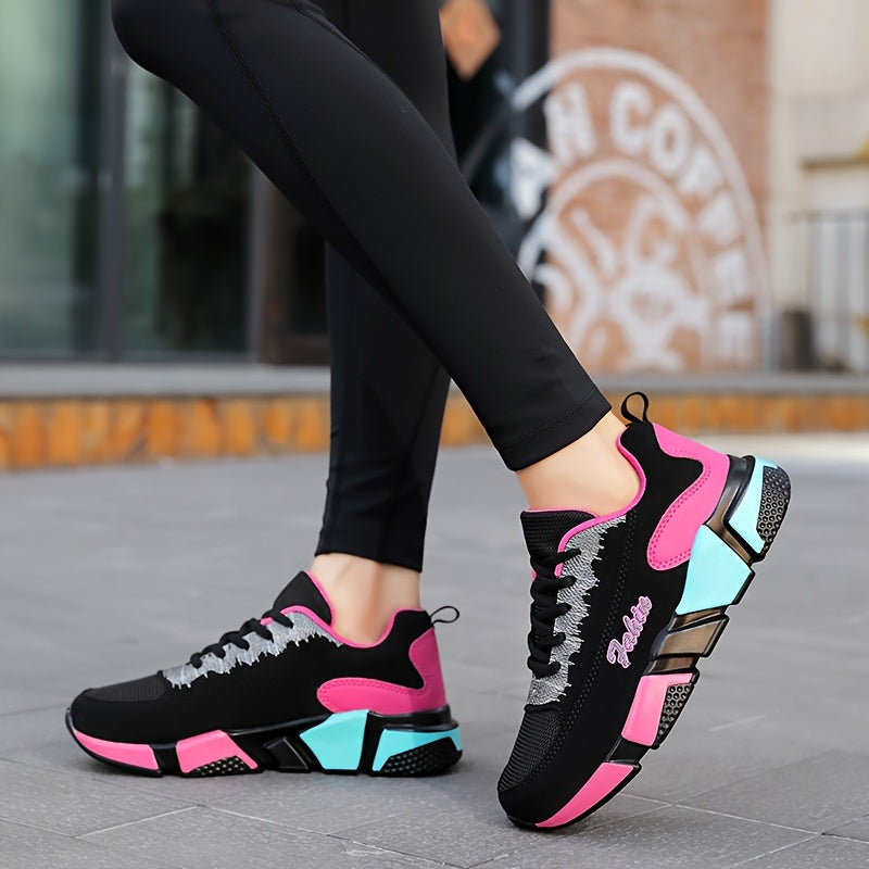 Women's Colorblock Sports Shoes: Casual lace-up sneakers for running and walking with breathable design.