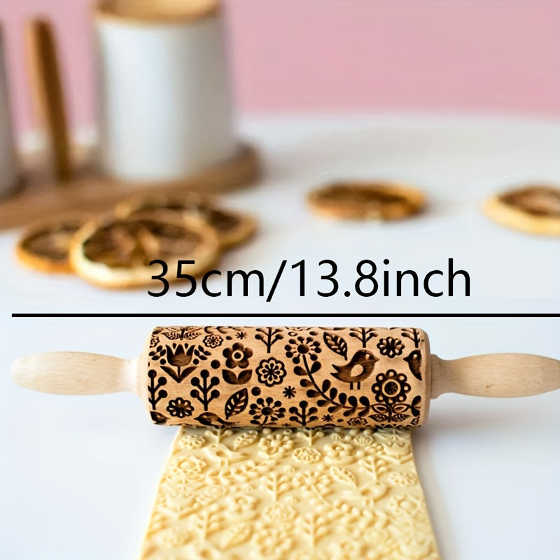 Wooden rolling pin with embossed patterns for biscuits - laser engraved for cookie dough with safe, decorative patterns - kitchen tool made of food-safe wood.