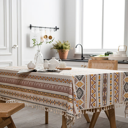 Boho style rectangular tablecloth with tassels - waterproof and oil proof for home decor.