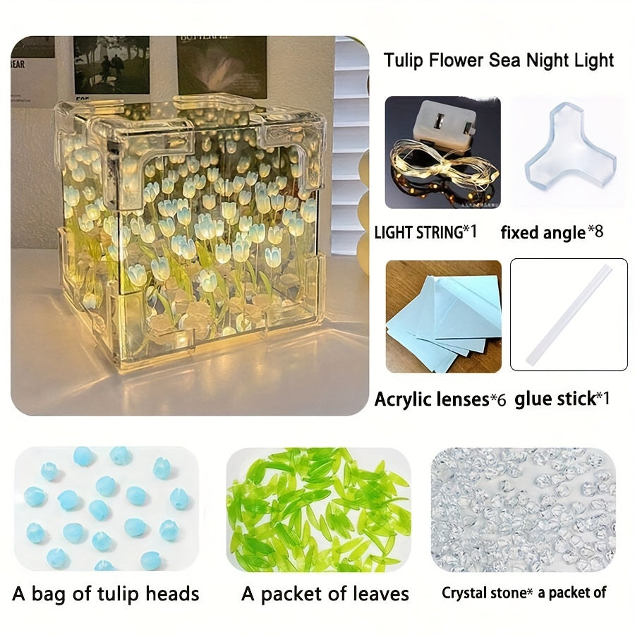 Tulip Mirror Night Light Kit: Modern Floral Cube Design, Battery-Powered for Bedroom, Living Room & Office Décor.