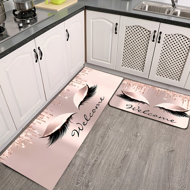 Pink eyelashes and letters patterned kitchen rug made of polyester vinyl material. This mat is anti-slip and absorbent, perfect for use in the kitchen, home office, sink area, or laundry room. It also provides anti-fatigue properties for added comfort.