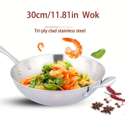 Upgrade your kitchenware with the top-quality Premium Tri-Ply Stainless Steel Wok featuring a convenient Glass Lid. This versatile fry pan is suitable for gas and induction cooking, making it a perfect addition to any home kitchen, especially during the