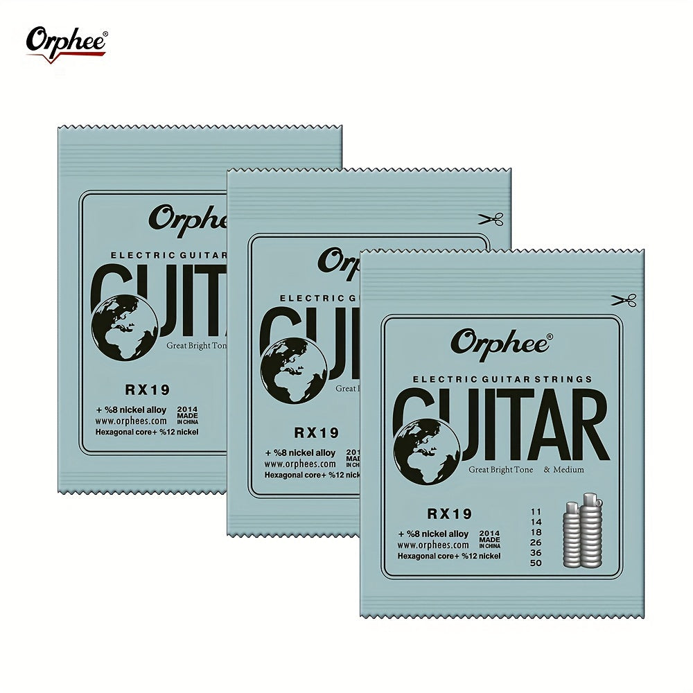 3 Sets of 6 strings each, ranging from 0.23-1.27mm, RX Practice Series hexagonal carbon steel electric guitar strings for 6 string guitars.