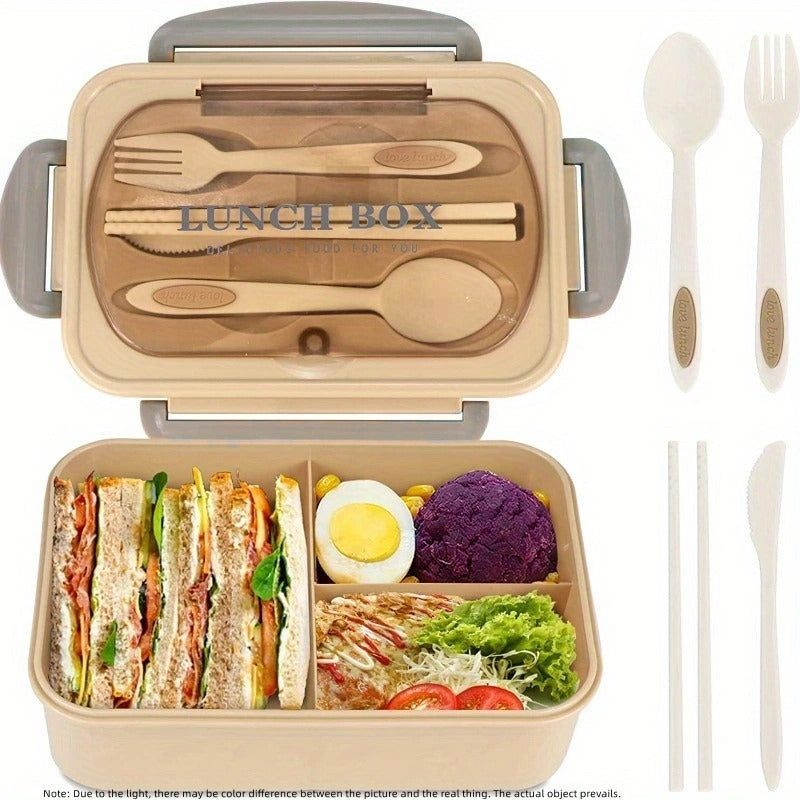 Beige Bento Lunch Box for Adults & Students - Leakproof, BPA-Free with 3 Compartments, Includes Wooden Utensils & Spill-Proof Lid - Microwave Safe, Perfect for Healthy Meal Prep & Portion Control - 1000ml Capacity