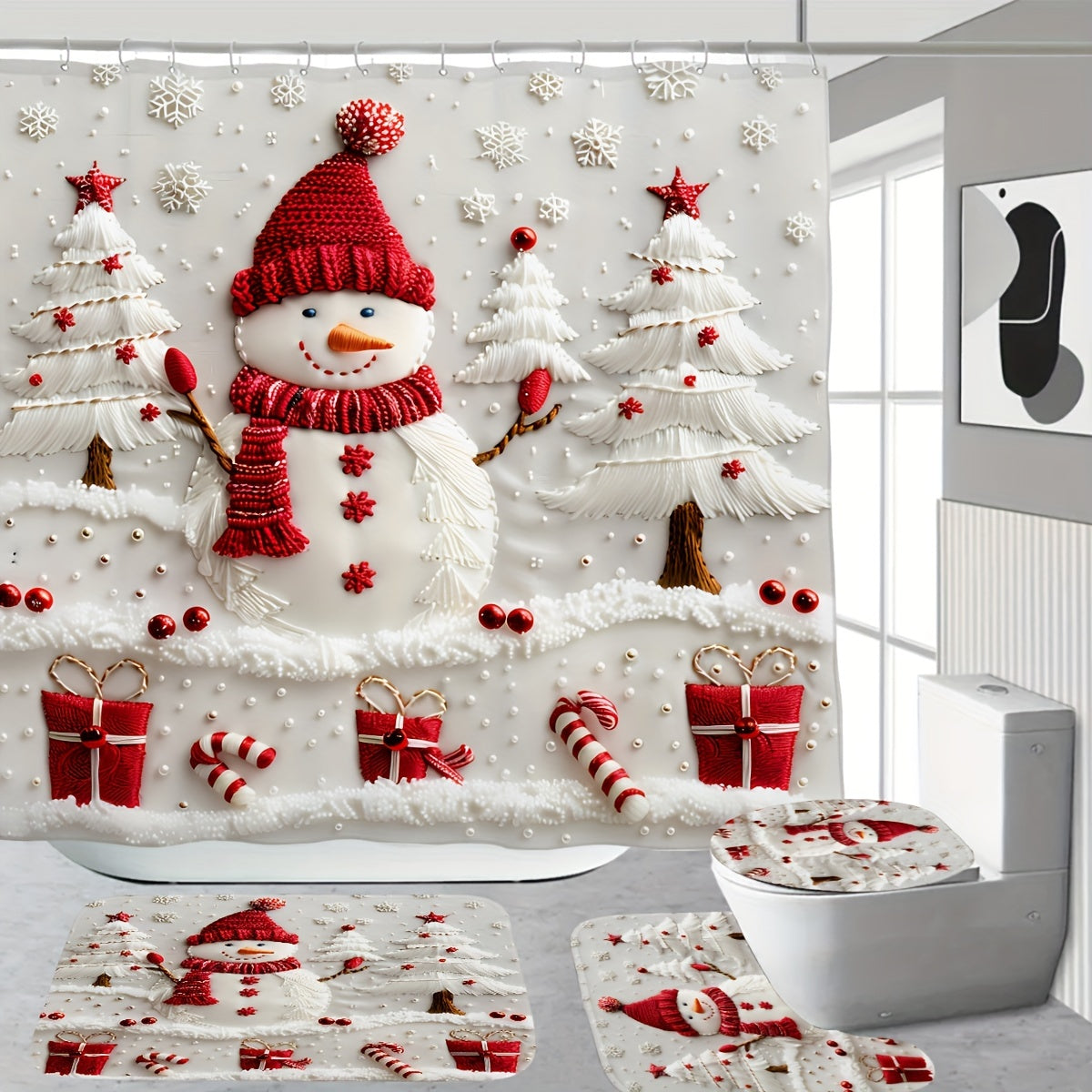 Christmas snowman shower curtain set with bath mat, toilet lid cover, and rug made of polyester fabric featuring a digital print design. Waterproof and cordless design with 12 hooks included.