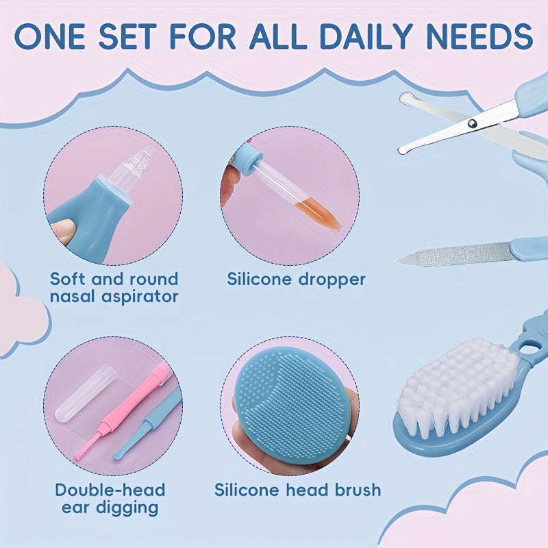 UNICHERRY 14-piece Kids Care Set: Compact Grooming & Safety Kit including Nail Clippers, Nasal Aspirator & Tongue Cleaner - Pink/Blue Silicone Essentials for Kids