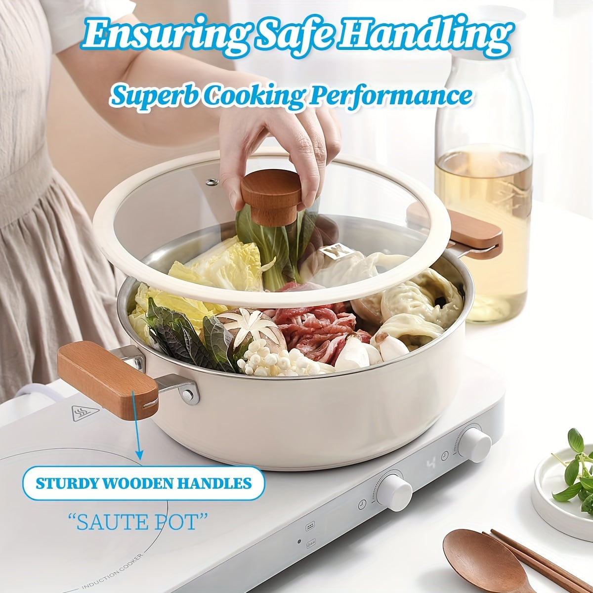 Stainless Steel Kitchenware Set with High Temperature Ceramic Paint, Tempered Glass Lid, and Wooden Handle. Features a 3-layer Aluminum Core Base, Suitable for All Stoves. Includes Beige Sauce Pot, Soup Pot, and Hot Pot.