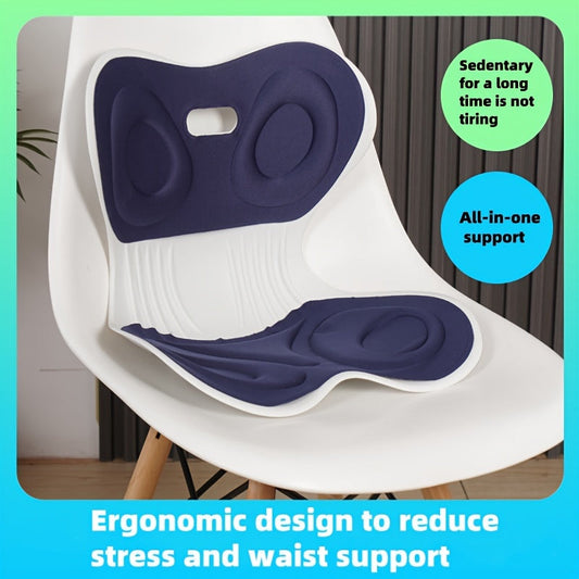 Chair cushion with back straps designed for lumbar support and comfortable posture correction. Perfect for use in the office or by pregnant women. Features include hand-washable material for easy cleaning.