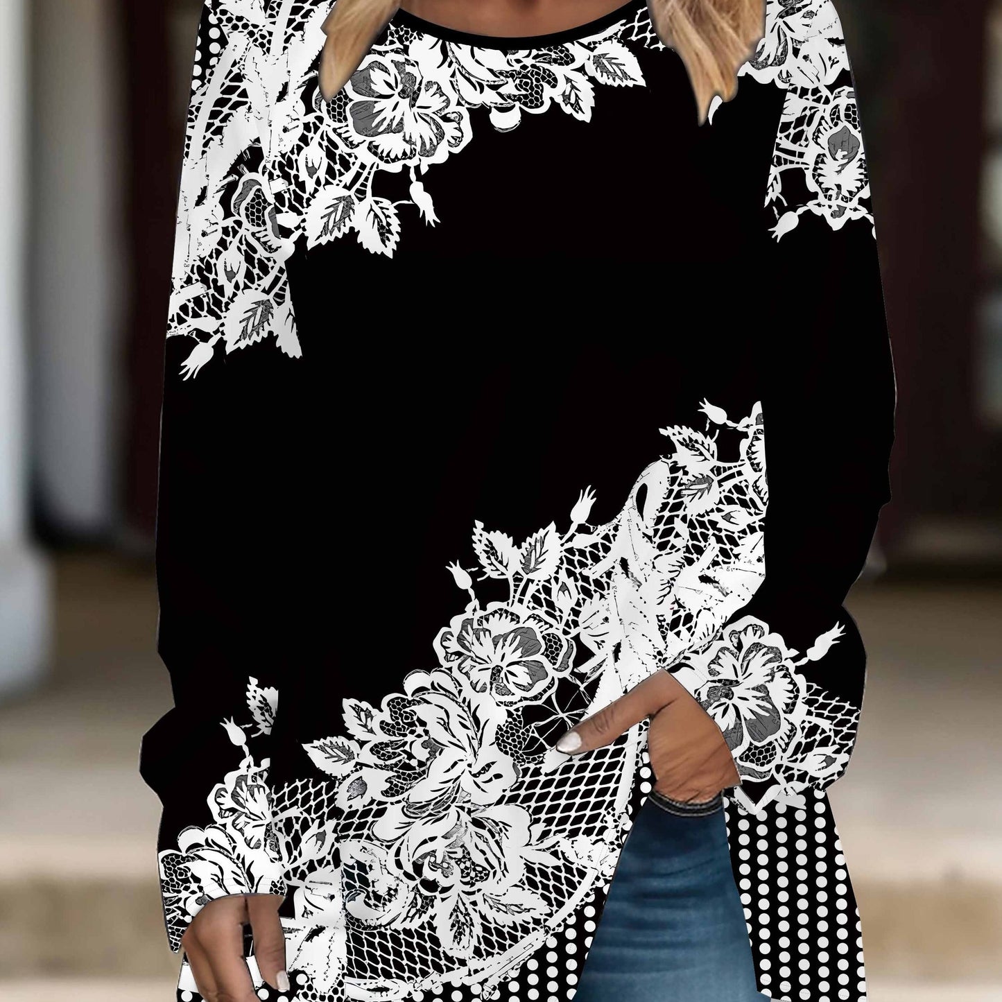 Women's plus size floral print long sleeve t-shirt. Crew neck, stretchy and machine washable. Ideal for spring and fall.