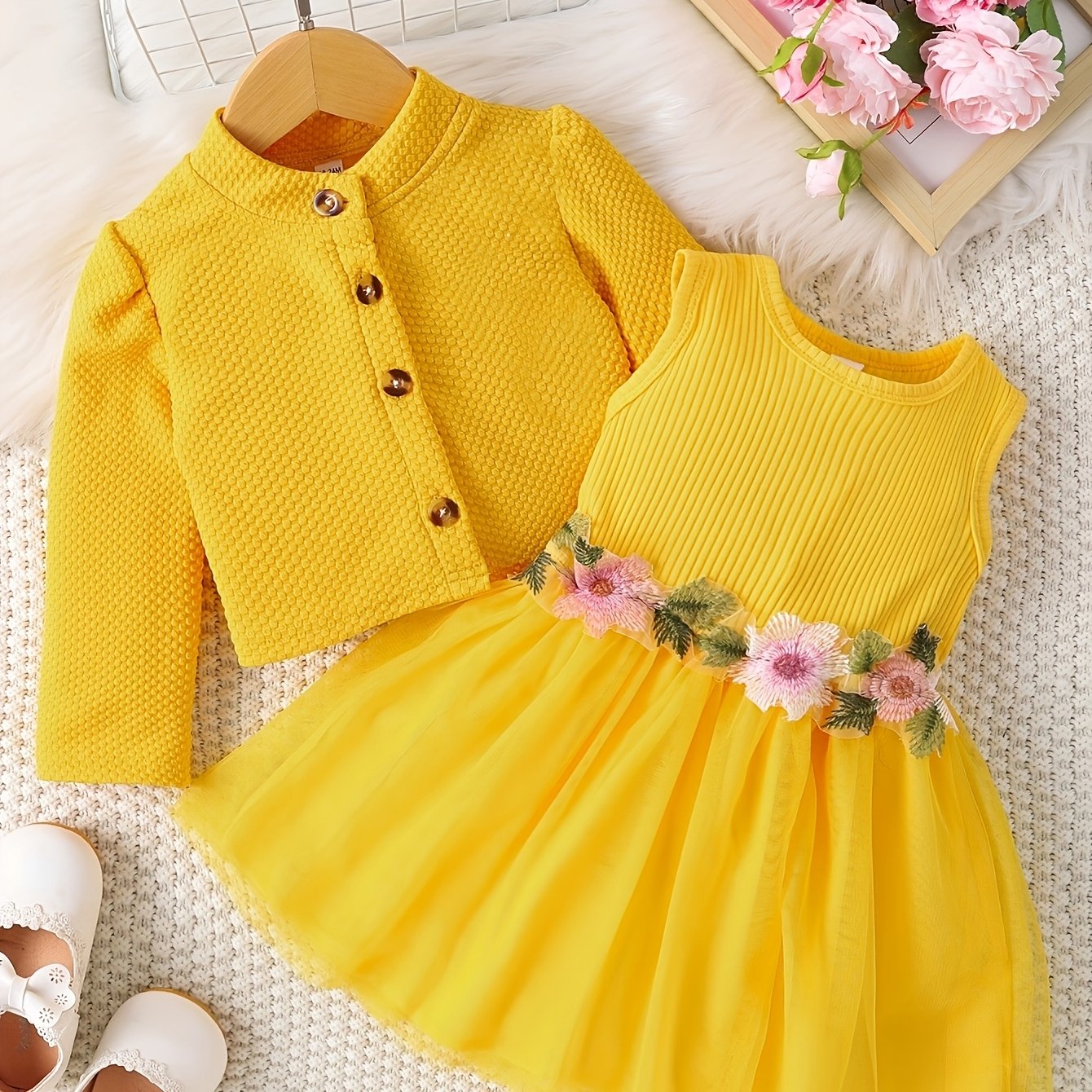 Floral dress set with long sleeve jacket for girls.