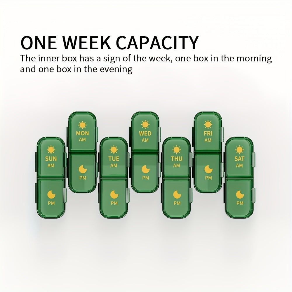 Weekly pill organizer with 14 compartments, modern design, strong plastic case with polypropylene backing