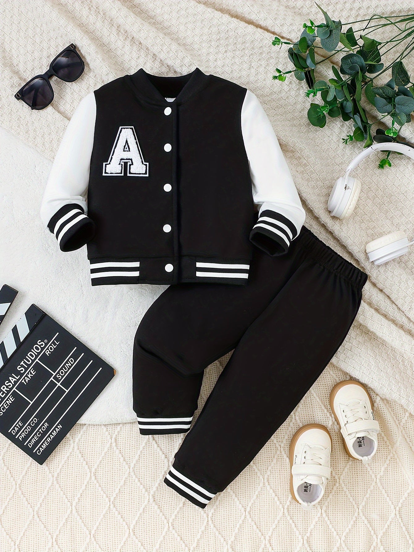 Infant Boys 2-Piece Outfit Set with Letter A Embroidered Top and Casual Pants in Polyester Knit, Regular Fit for Spring/Autumn, Black and White, Outdoor Wear