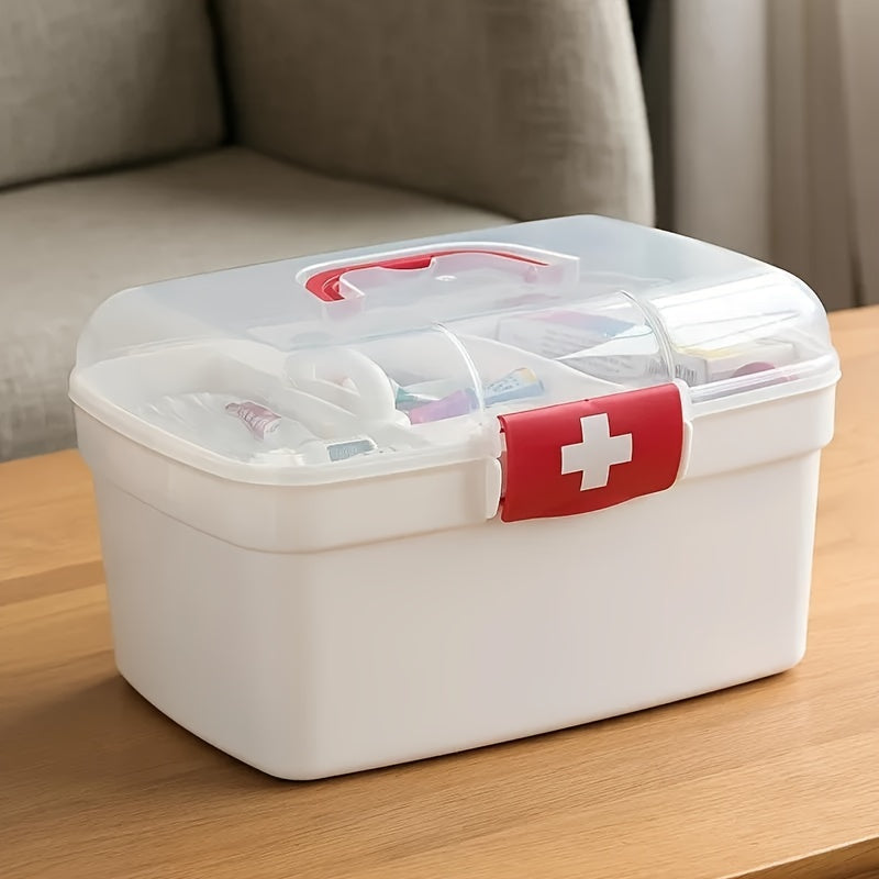 Large capacity, handheld plastic medical emergency kit with multiple compartments for home, restaurant, or outdoor use.