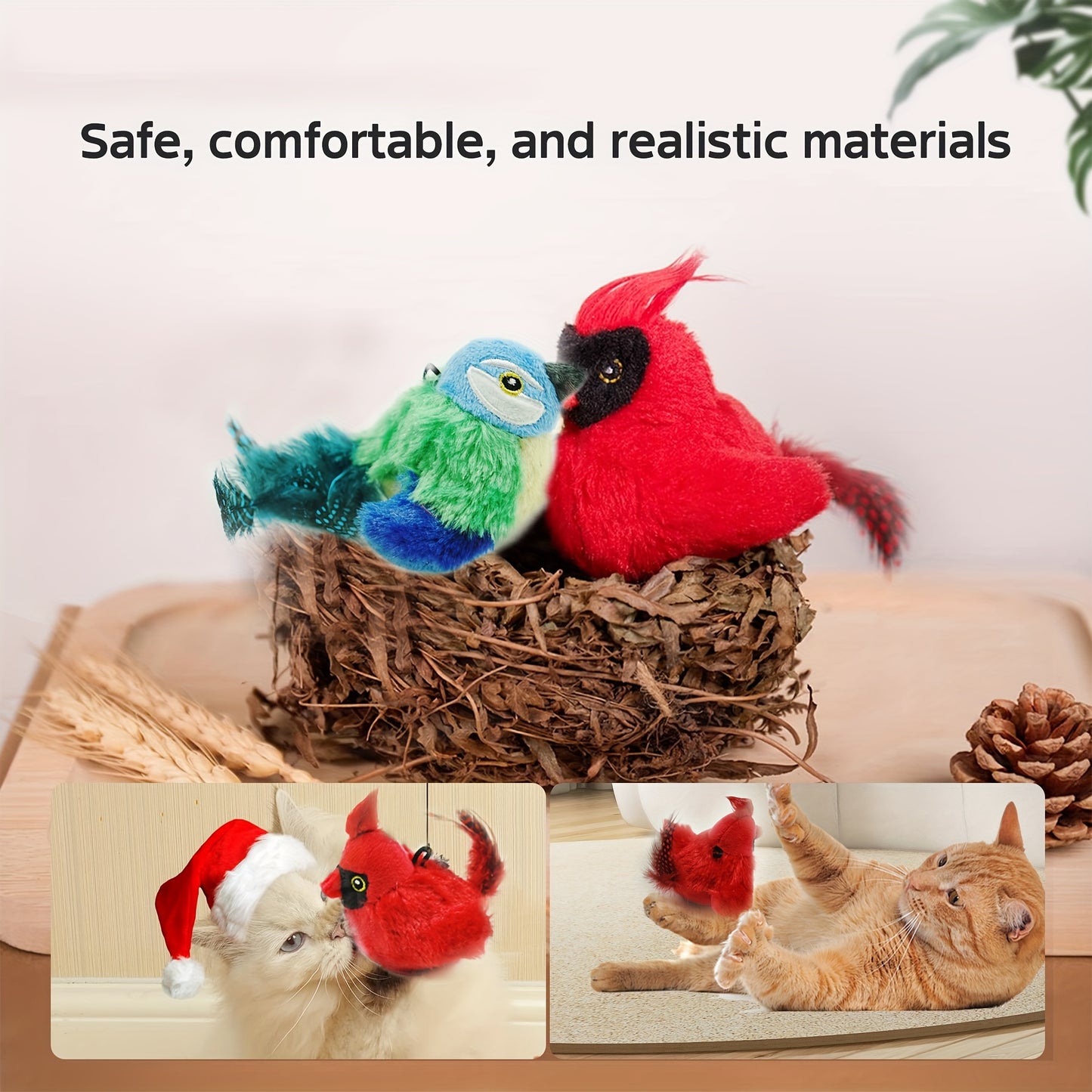 Sparrow-shaped fabric pet toy with animal print, battery-operated. Safe button battery for interactive play with cats of all sizes.