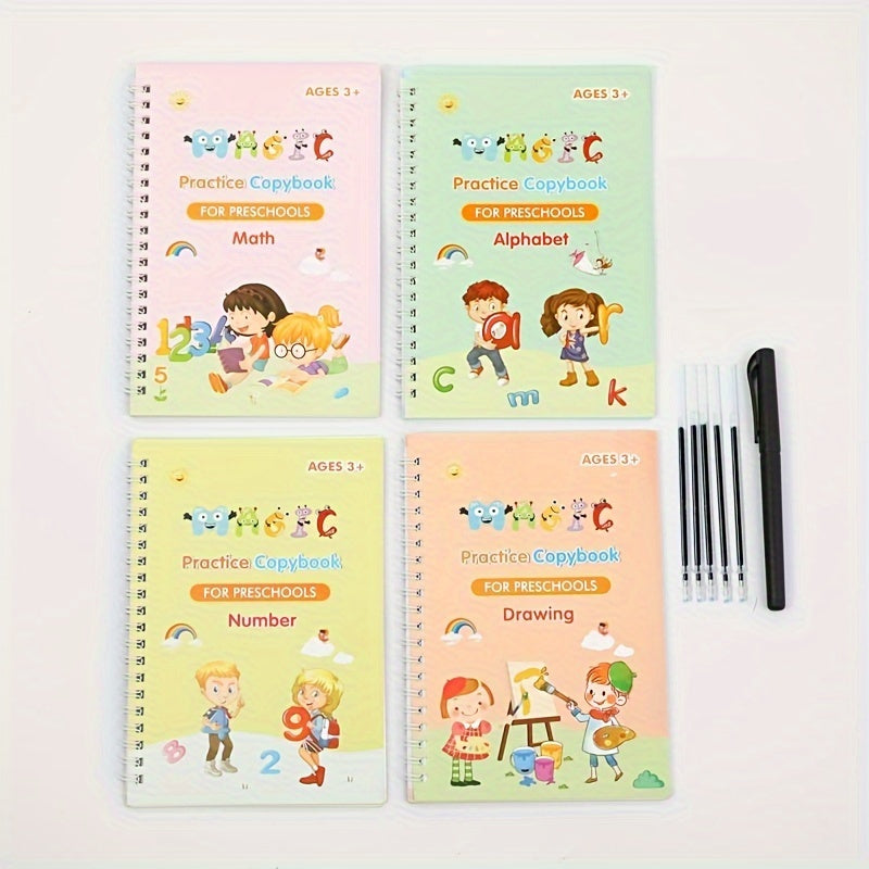 English handwriting practice workbooks for kids - full version with grooved pages, magic writing stickers, bonus pen. Colorful and educational English writing notebook.