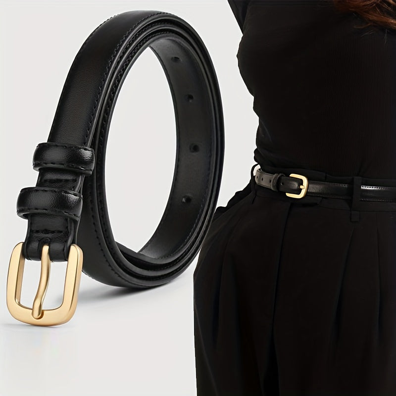 Women's faux leather black belt with pin buckle for jeans, from a luxury brand, chic and stylish waistband for ladies.