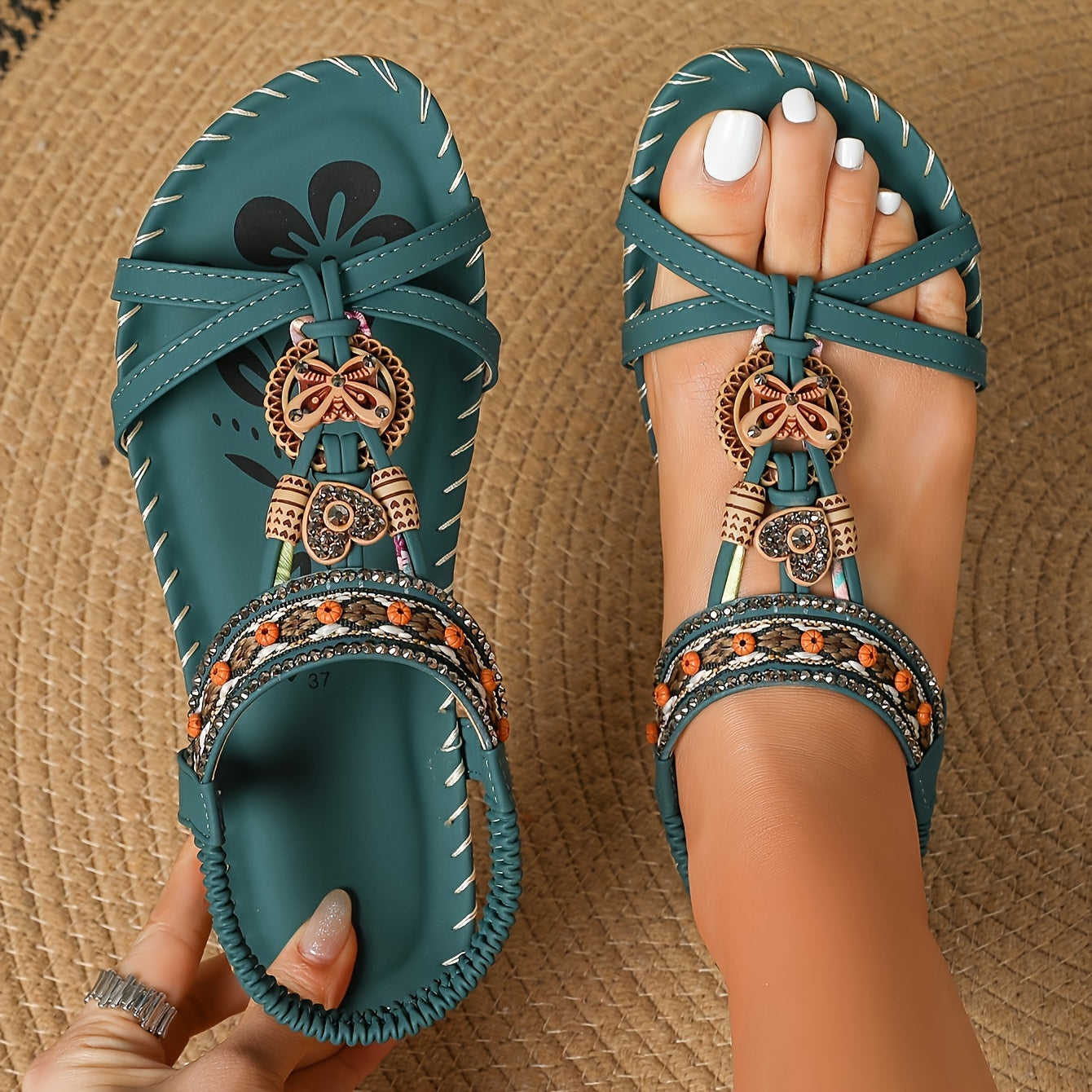 Handmade dark green flat sandals with beaded details. Perfect for casual or tribal style with open toe design and ankle strap. Casual sandals with a woven texture.