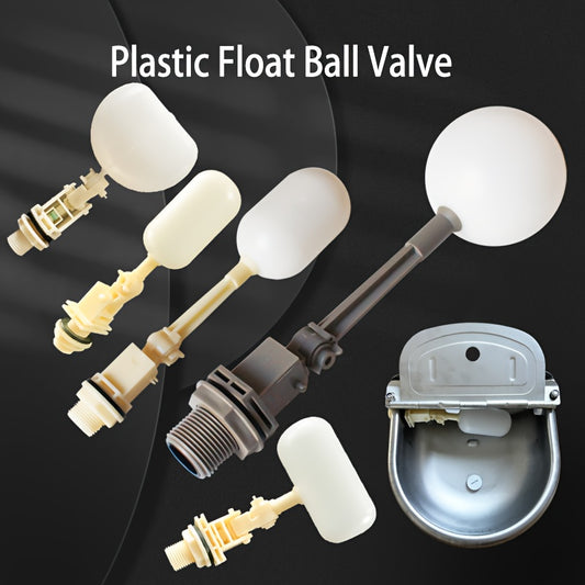 Plastic float valve for automatic waterer bowl, ponds, livestock troughs, and aquariums.