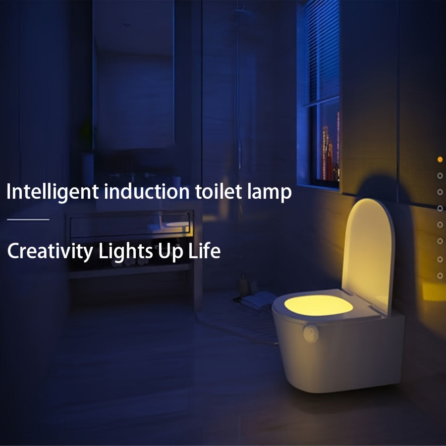 LED toilet light with motion activation, 16 color options, wall mountable, battery operated, modern design.