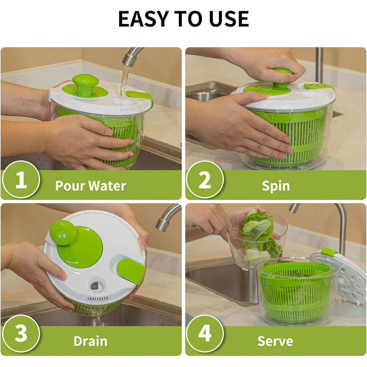 Plastic salad spinner with filter basket for drying salad, fruits, and vegetables in the kitchen. No electricity needed, includes rotating bowl and mesh basket.