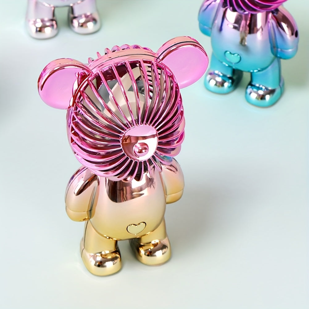 Electroplated Bear Handheld Fan - 1 piece, measures 5.51 inches in length, 3.74 inches in width, and 2.56 inches in height.