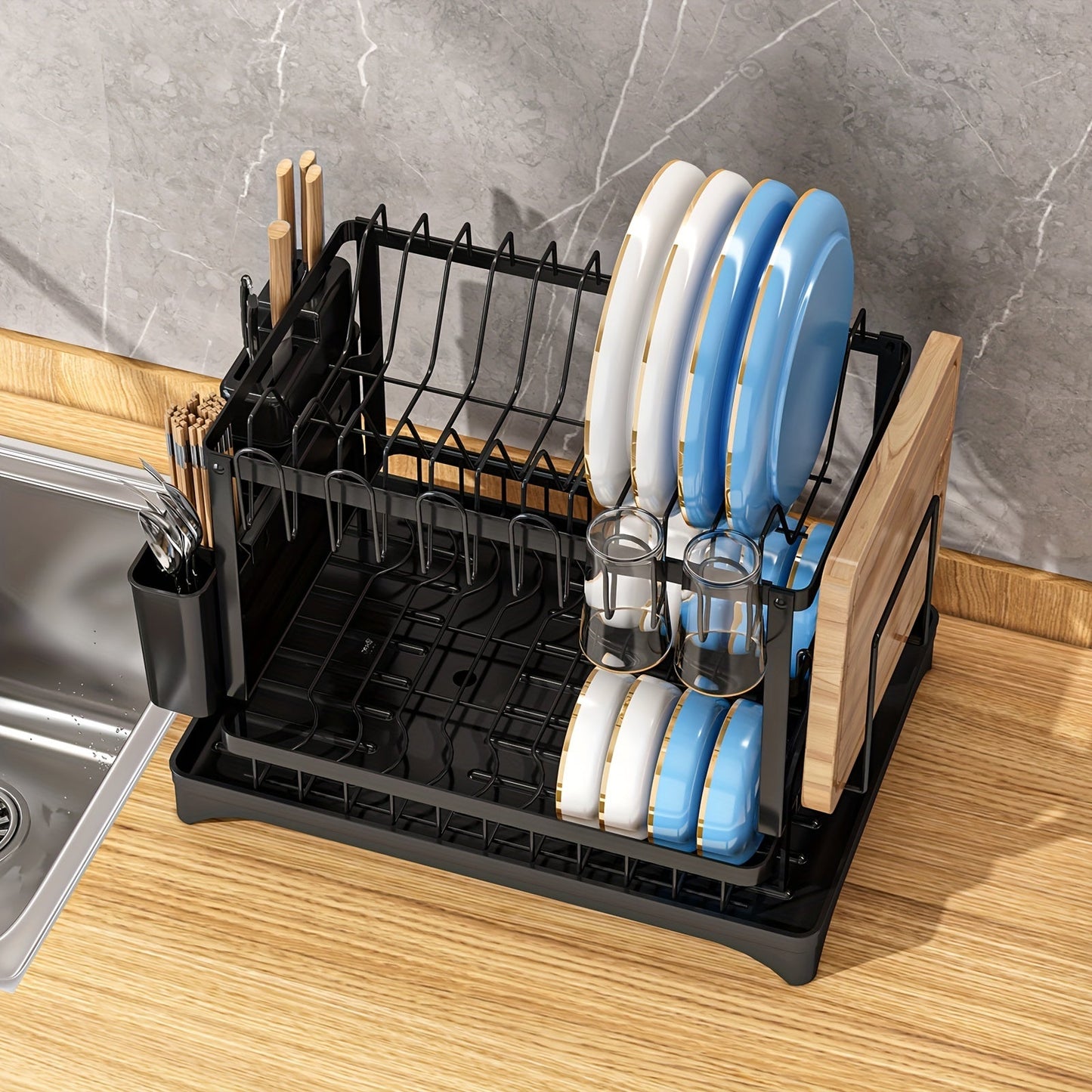 Stainless Steel 2-Tier Dish Drying Rack with Drainboard and Utensil Holder - Ideal for Dishes, Knives, Cups, Cutting Boards, and Other Kitchen Accessories