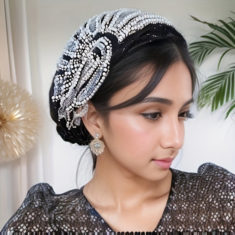 The elegant lady wears a light and breathable headband adorned with shiny beads and flowers, suitable for daily outings, parties, and performances.