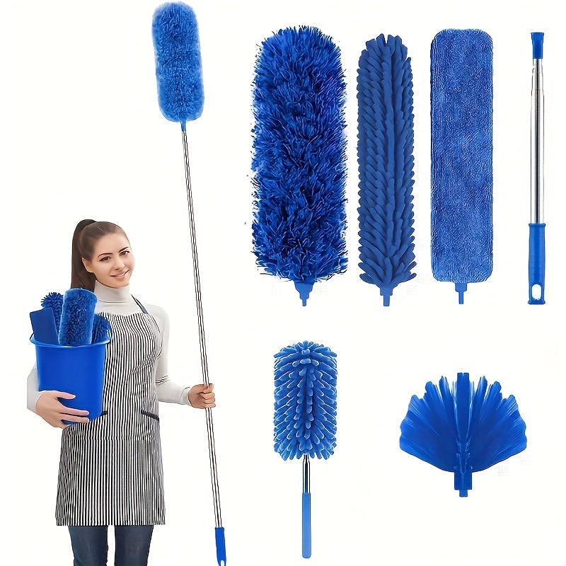 Microfiber Dusters Set with Extension Pole and Retractable Brush for Dust Removal. Features a Bendable Head and is Reusable and Washable. Ideal for Cleaning High Ceilings, Furniture, Cars, and More. Includes Cleaning Supplies and Tools.