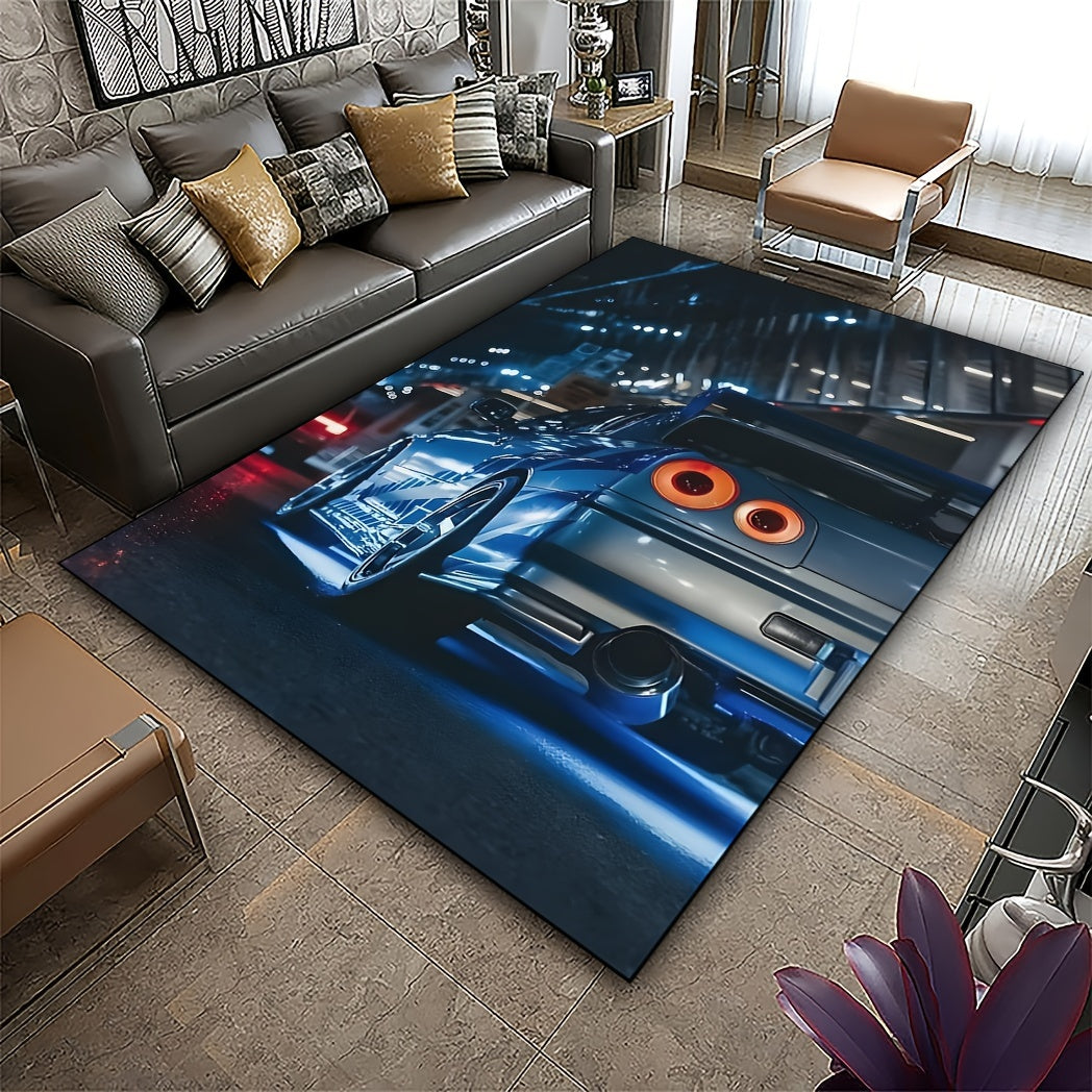 Soft Crystal Velvet Blue Sports Car Area Rug - Non-Slip, Machine Washable Polyester for Multiple Room Decor - Ideal for Teen Rooms & Dorms