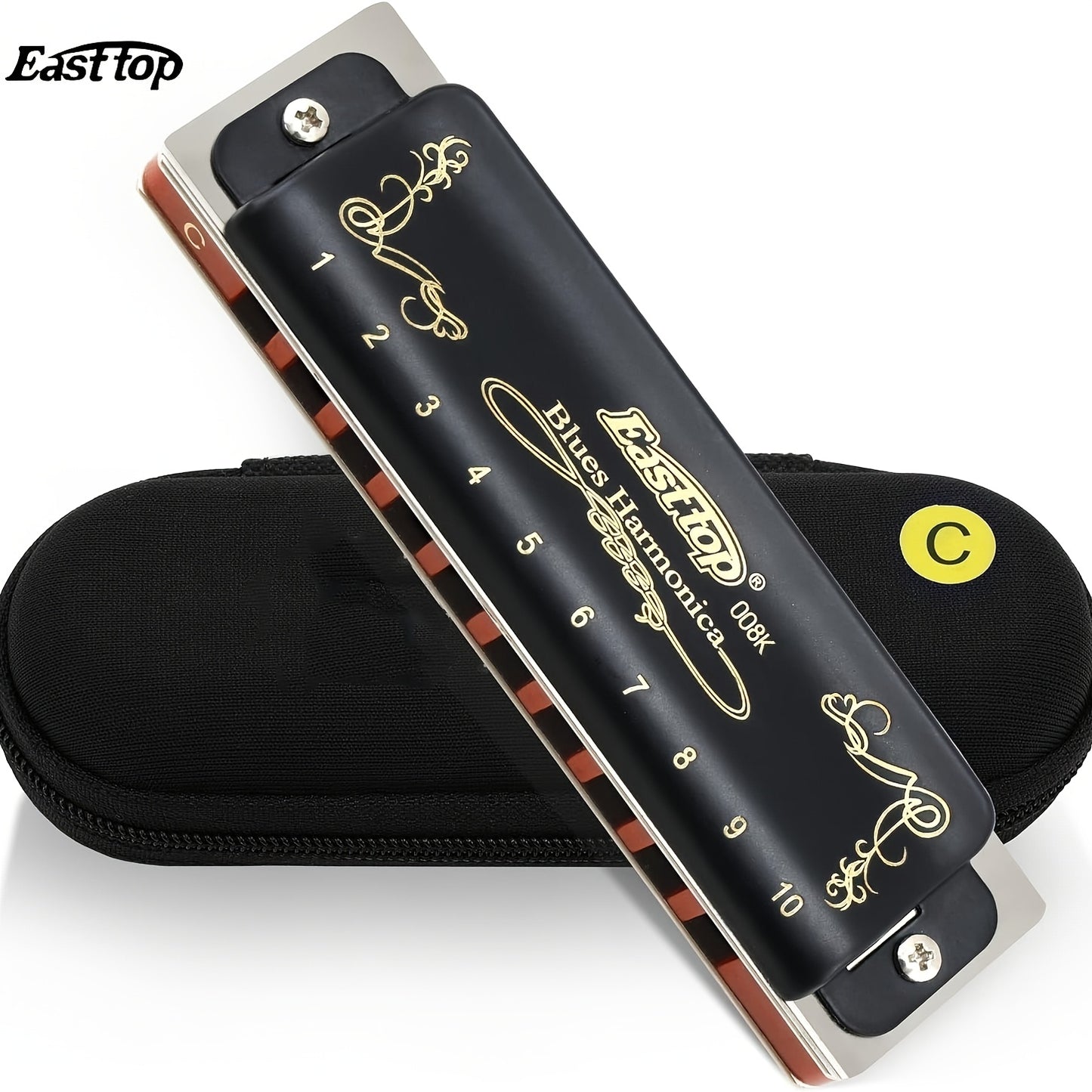 Easttop Blues Harmonica in C Major, Metal with Black Finish, includes Carrying Case.