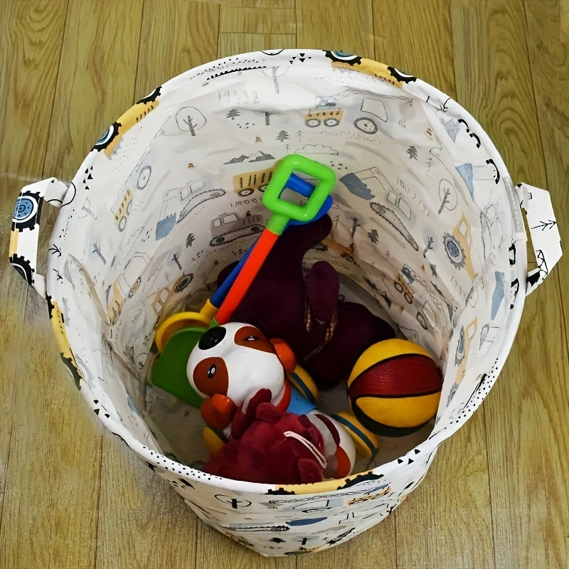 Portable laundry basket with cartoon print, perfect for storing dirty clothes and toys at home.