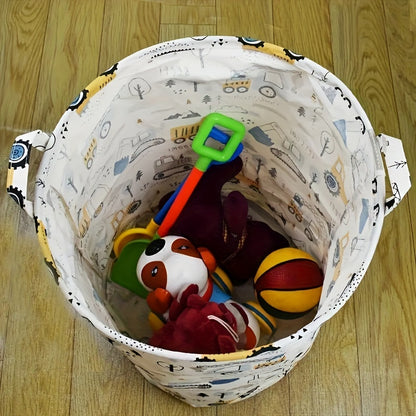 Portable laundry basket with cartoon print, perfect for storing dirty clothes and toys at home.