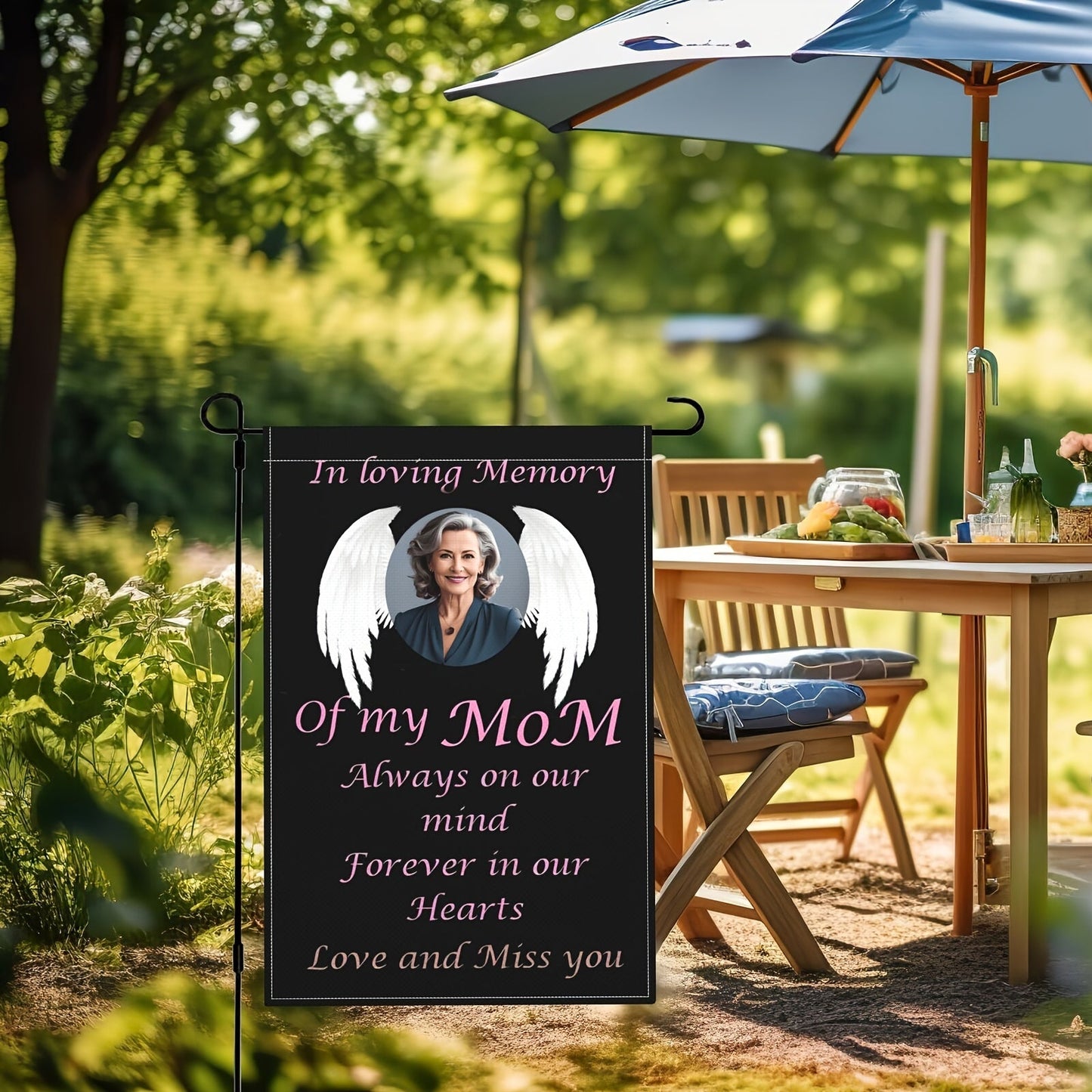 Personalized garden flags featuring a photo of your choice - "MoM Love and Miss You" or a custom heavenly angel photo. A thoughtful memorial gift for the loss of a loved one, suitable for decorating cemetery graves, outdoor yards, and lawns. These flags