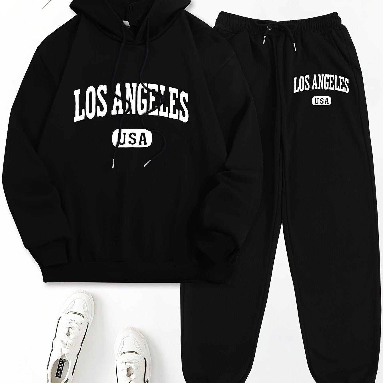 Los Angeles two-piece set includes letter print long sleeve hoodie and drawstring sweatpants for women.