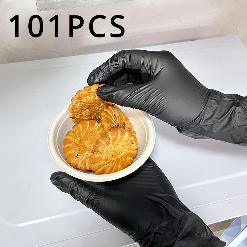 Highly elastic black gloves with 101 pieces, suitable for food handling, nail care, dishwashing, and household cleaning tasks. Powder-free and disposable.