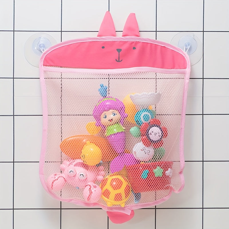 Foldable shower toy organizer for bathroom storage with cartoon design.