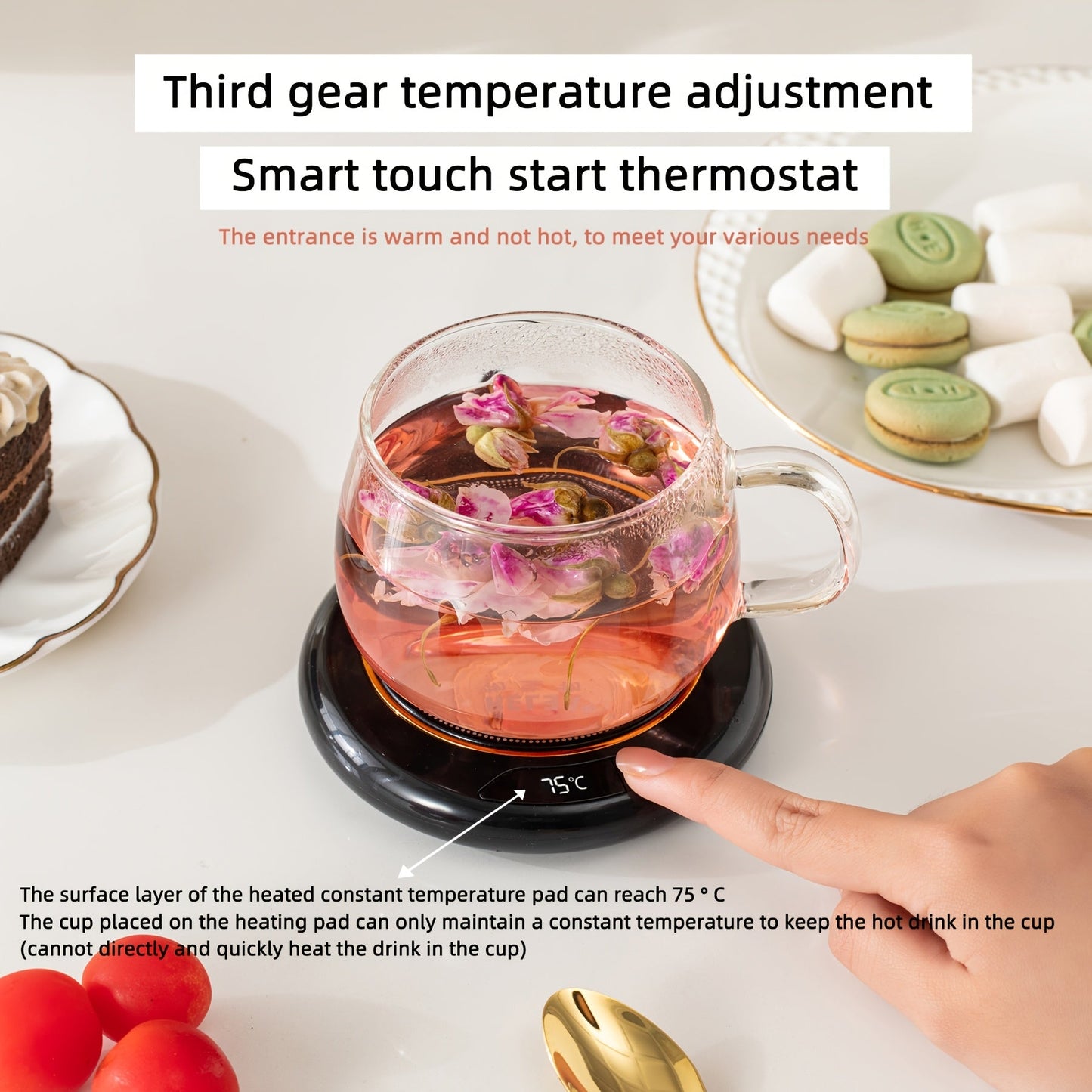 Electric coffee cup warmer pad with smart touch control, 3 temperature settings, and USB power. Can be used for warming drinks like milk, tea, and hot chocolate at home or in the office. Made of plastic with an operating voltage of ≤36V.