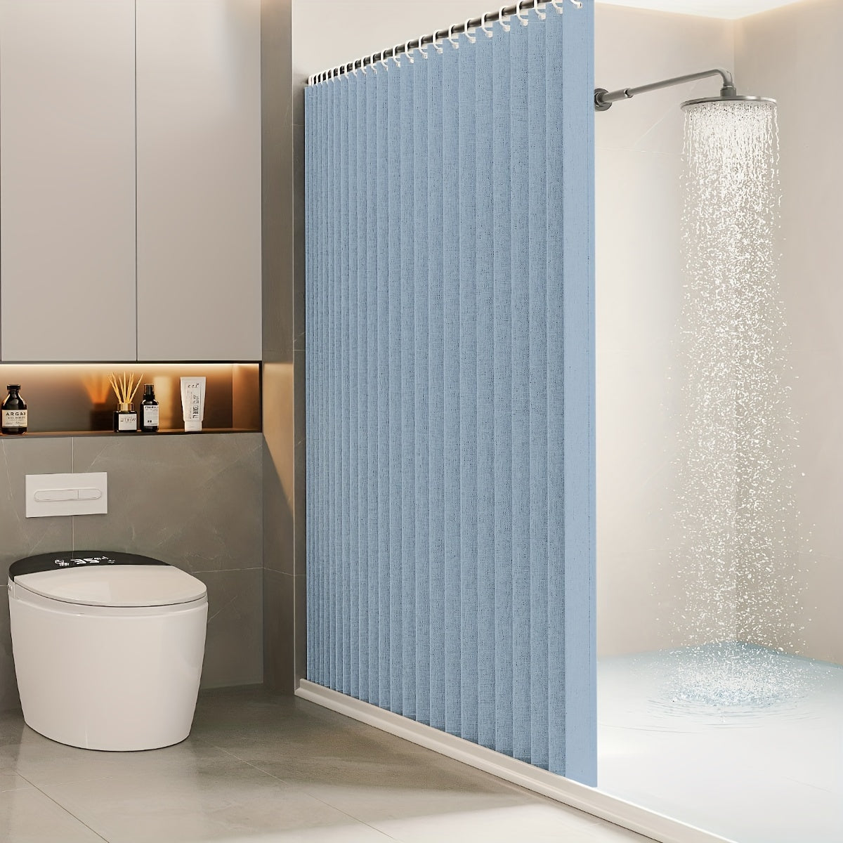 1pc Simple and Stylish Folding Shower Curtain, White Blue, Moisture-Resistant, 180.34cm*180.34cm/199.9cm