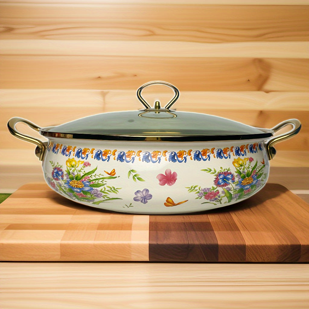 Large Capacity Enamel Stockpot with Lid Featuring Vintage Floral Design and Thickened Enamel Soup Pot with Dual Handles, Perfect for Home Cooking