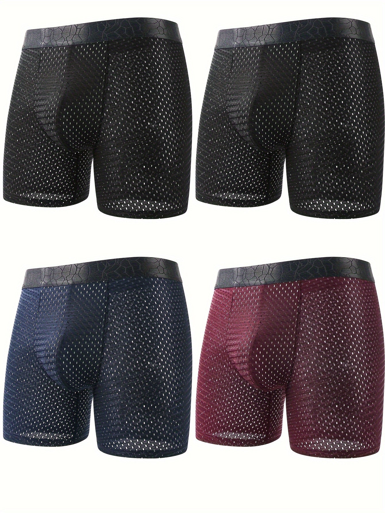 4 pairs of men's underwear with extended trouser legs, mesh holes, flat corners, and breathable fabric.