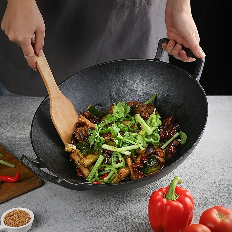 One pack of a pre-seasoned 32.0 cm cast iron chef's pan with a wooden lid, double handle, and uncoated wok suitable for home kitchens and restaurants.