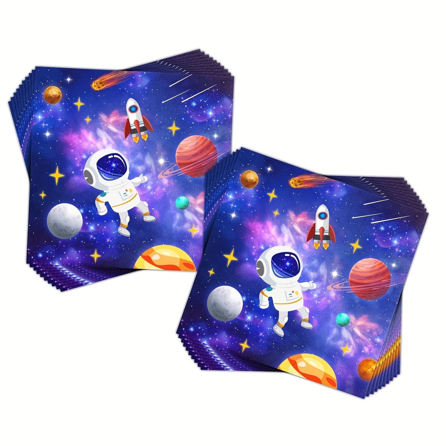 20pcs of Disposable Outer Space Party Napkins, perfect for an Astronaut themed party! These Rocket Ship party dinner paper napkins are ideal for any special occasion, including weddings, theme parties, and birthdays. Add a touch of outer space to your