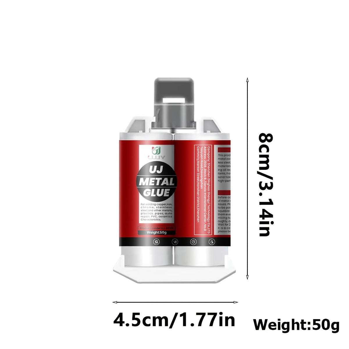 Durable red adhesive for bonding metals and other materials like PVC and ceramics, perfect for welding and automotive repairs.