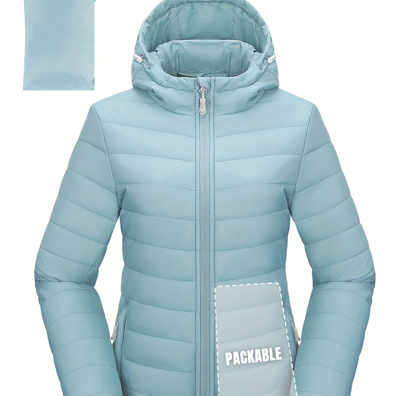 Women's packable quilted puffer jacket with hood, teal blue, waterproof & insulated, machine washable, perfect for outdoor activities.