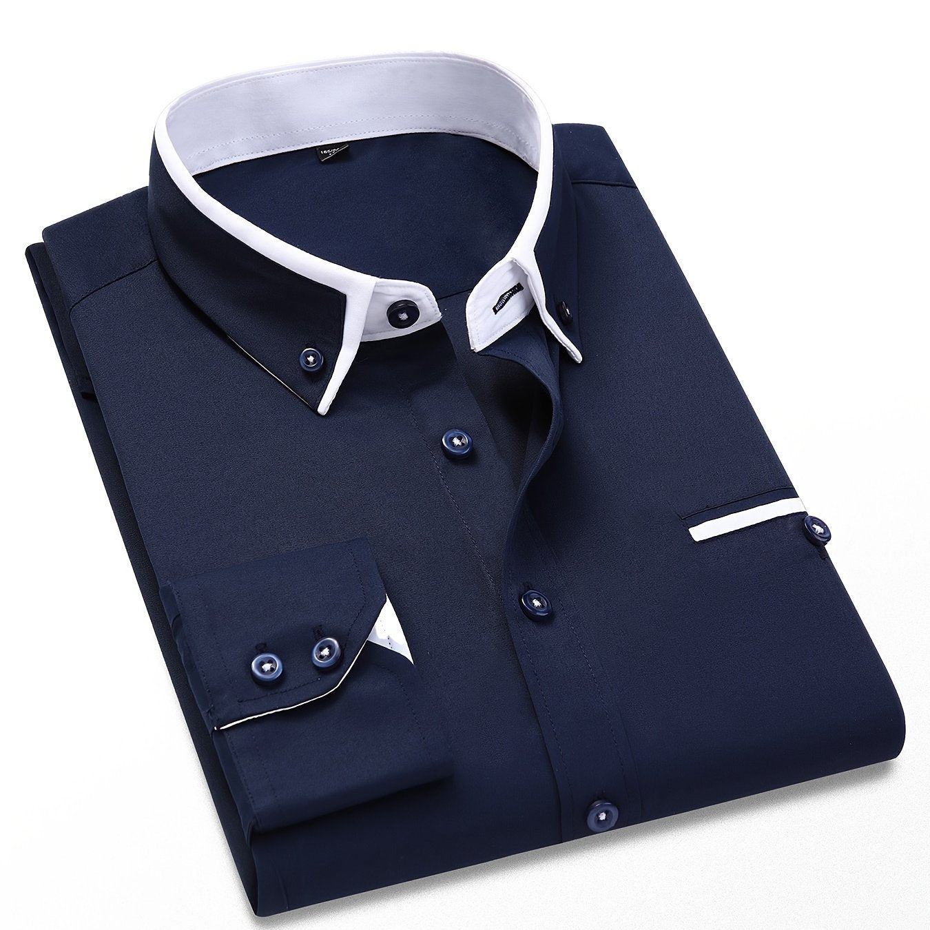 Long sleeve men's dress shirts with contrast lapel collar design, suitable for formal occasions.