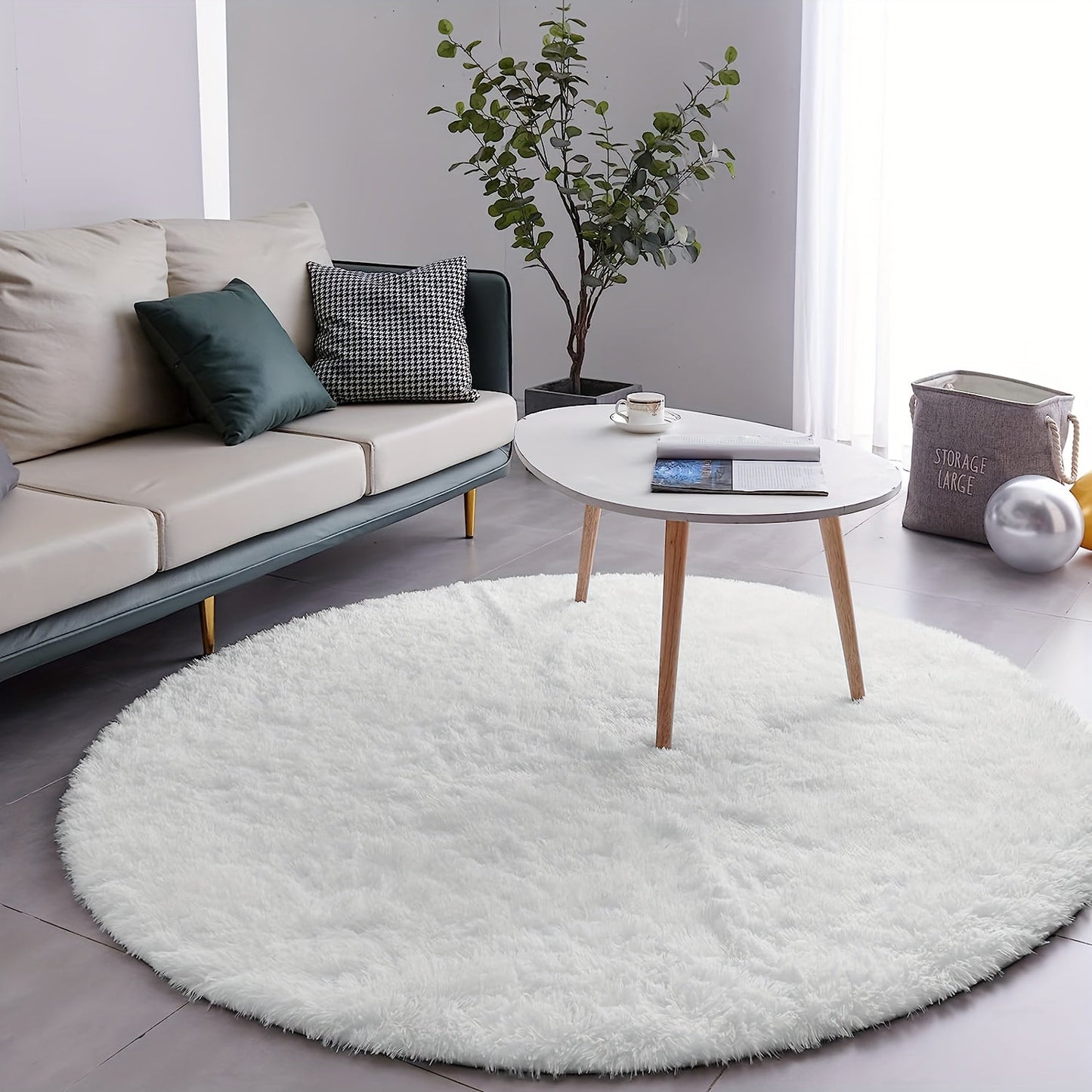 Indulgent Pure White Silk Circular Rug - Soft, Non-Slip & Easy-to-Clean Polyester Rug for Living Room, Bedroom, Yoga | Luxurious Medium-Pile Mat with Tray for Home Decor, Living Room Carpet