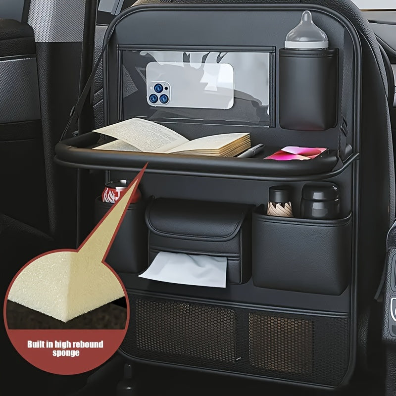 Car seat back organizer with foldable dining table, storage rack, and compartments for vehicles.