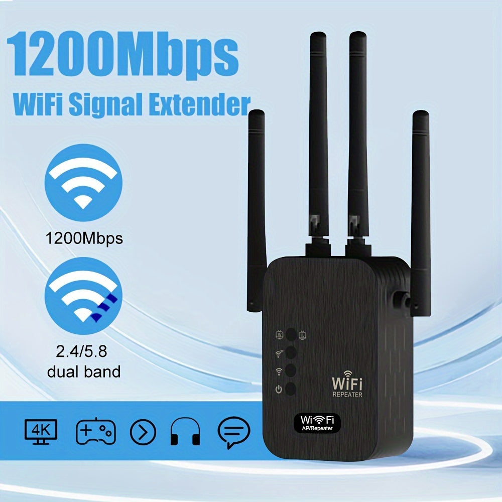 2024 WiFi booster with 6x strength, 1200Mbps, dual bands, 8500 sq ft coverage, supports 35 devices, 4 modes, easy setup, 4 antennas, Ethernet port