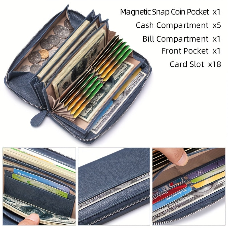 Women's Genuine Leather RFID Anti-theft Long Zipper Wallet with 19 card slots, 1 coin pocket, and 5 cash slots.